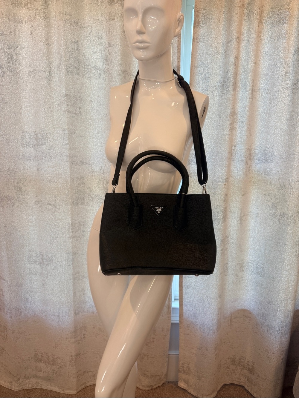Designer Black Pebbled Leather Crossbody Tote with Red Lining